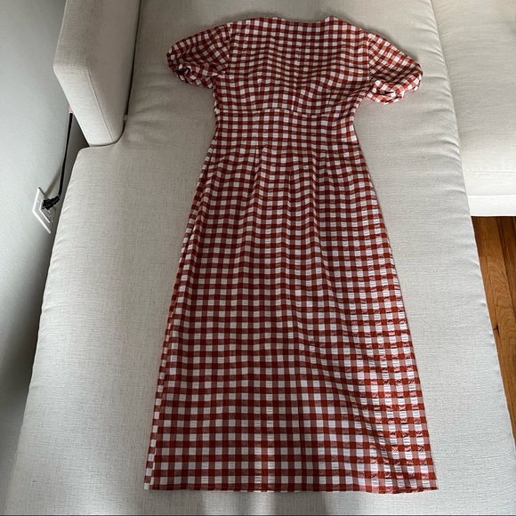 The Fifth Label Orange White Gingham Button Up Tie Front Short Sleeve Midi Dress - Picture 5 of 6